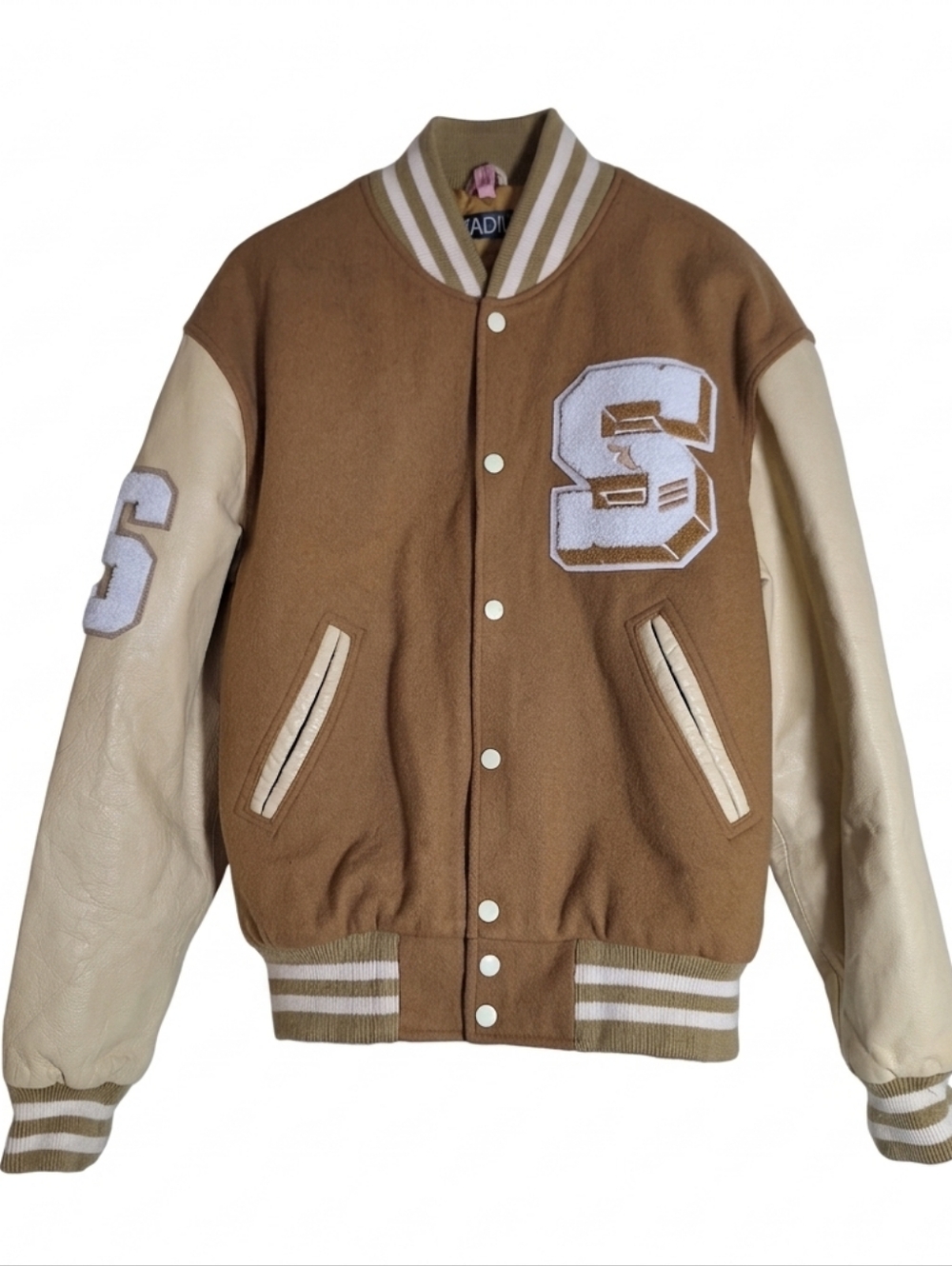 Stadium MMXV Varsity Letterman Tan Wool Cream Leather Sleeves Jacket Size L